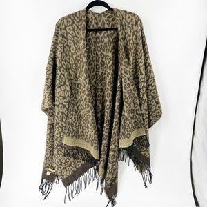 ✅Manifattura Tessile Chiti Poncho Cape Shaw Brown Cheetah Italian Fringe Boho OS